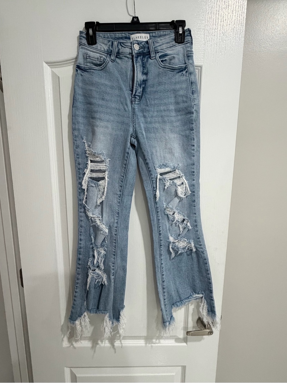 Blakeley Light Blue Distressed Flare Jeans with Frayed Hem